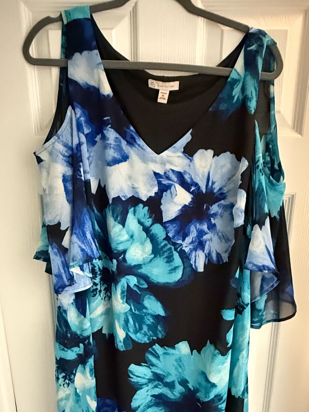 Avenue Blue & Teal Floral Cold-Shoulder V-Dress, 16 W